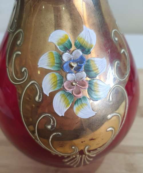 Murano Glass Hand Blown and Painted Large Ruby Red and Gilt Vase with Scallops - Marked