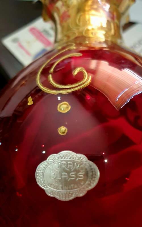 Murano Glass Hand Blown and Painted Large Ruby Red and Gilt Vase with Scallops - Marked