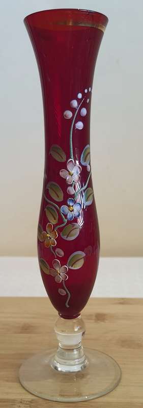 Murano Glass Hand Blown and Painted Ruby Red and Gilt Long Stem Vase
