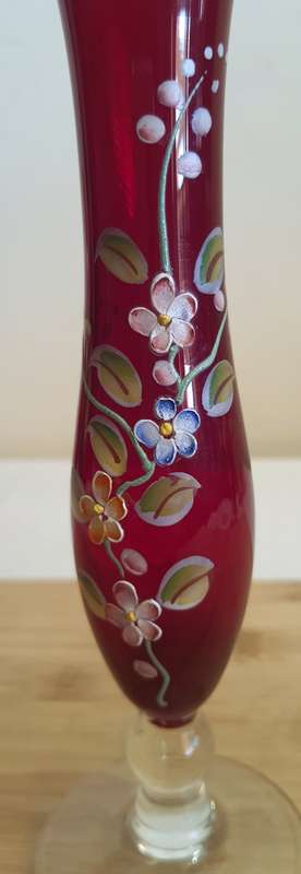 Murano Glass Hand Blown and Painted Ruby Red and Gilt Long Stem Vase