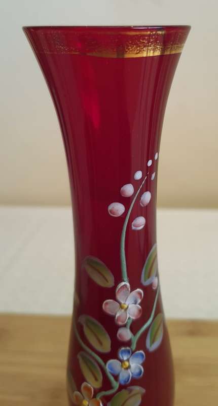 Murano Glass Hand Blown and Painted Ruby Red and Gilt Long Stem Vase