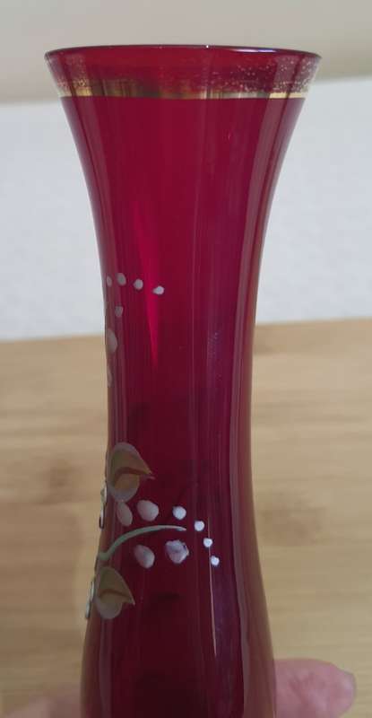 Murano Glass Hand Blown and Painted Ruby Red and Gilt Long Stem Vase