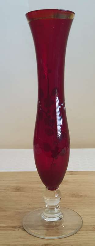Murano Glass Hand Blown and Painted Ruby Red and Gilt Long Stem Vase