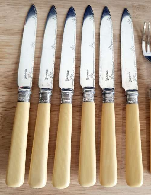 Antique Sheffield c.1920 12 Pce Cutlery with 925 Collar, EPNS Body and Bone Handle - Marked