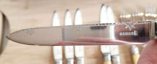 Antique Sheffield c.1920 12 Pce Cutlery with 925 Collar, EPNS Body and Bone Handle - Marked