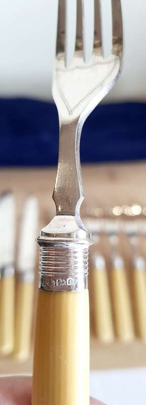 Antique Sheffield c.1920 12 Pce Cutlery with 925 Collar, EPNS Body and Bone Handle - Marked