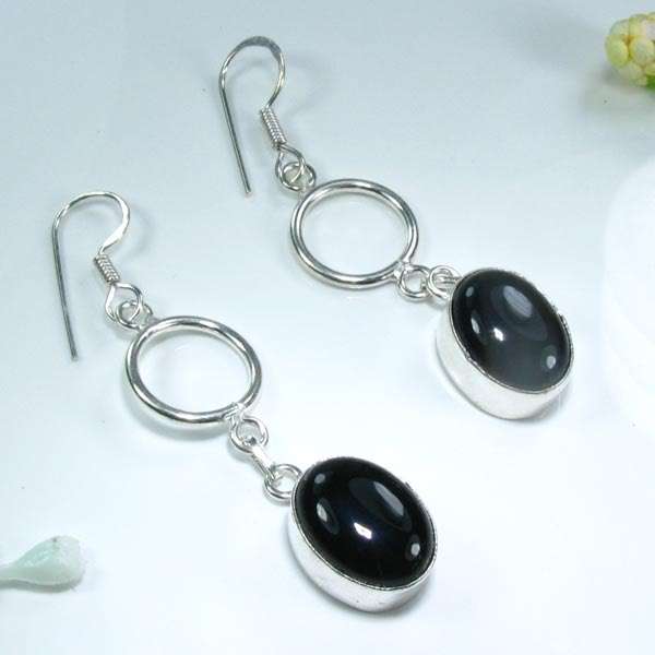 BEAUTIFUL AND UNIQUE BLACK ONYX SILVER EARRINGS 2 1/2"; G1058