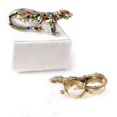 Two Finger Gold Color Tiger with Colored Swarovski Crystals -  Double Ring - Adjustable