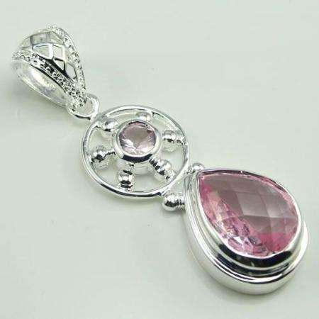 FABULOUS 925 SILVER TRENDY PINK TOPAZ GEMSTONE PENDANT 2.2"