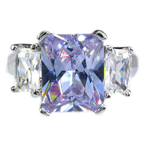 LAVISH TANZANITE AND TOPAZ EMERALD CUT 18K WHITE GOLD GP RING 7 O