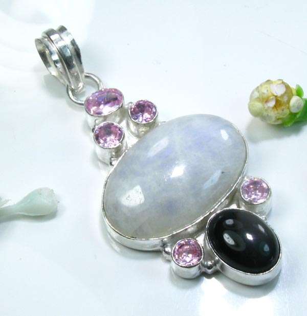 RAINBOW MOONSTONE+BLACK ONYX+PINK TOPAZ 925 SILVER PENDANT 2 1/2"; M4081