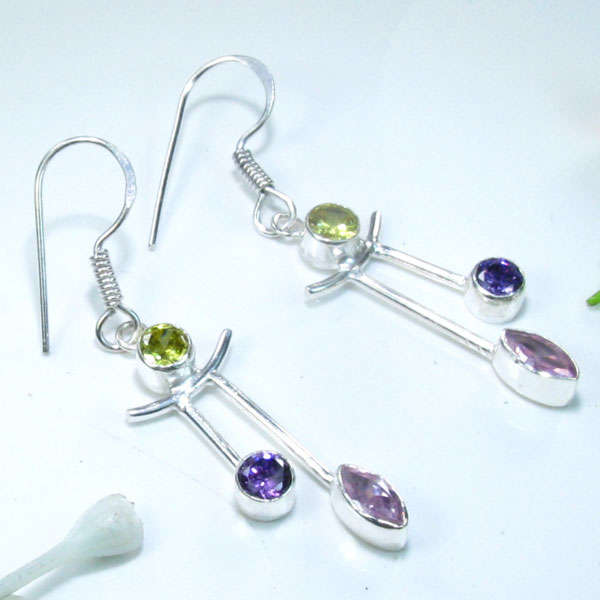 DISTINCT AMETHYST+CITRINE+PINK TOPAZ SILVER EARRINGS 2"; N8851