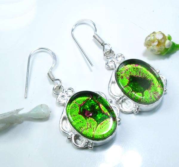UNIQUE RAINBOW DICHROIC GLASS SILVER EARRINGS 1 3/4"; N9869