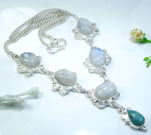 TEA TIME TREAT - GENUINE RAINBOW MOONSTONE+TURQUOISE 925 SILVER NECKLACE 18"; N9940