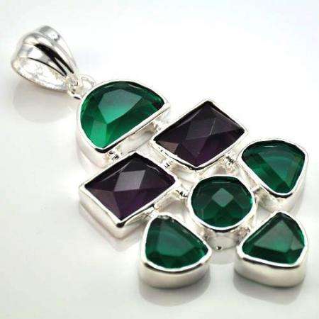 925 SILVER GREEN AND PURPLE AMETHYST GEMSTONE PENDANT 2.7"