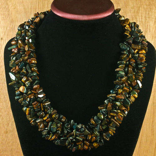 -50% EXQUISTLY HAND WOVEN NATURAL BLUE TIGER'S EYE GEMS CHIP NECKLACE 18 1/2"