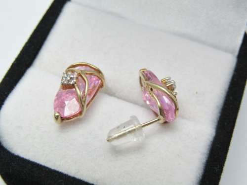 Pair of 9ct Gold and Sparkling Pink Stone Earrings