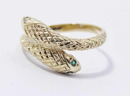 Antique design 9 carat gold ring with a double snake head
