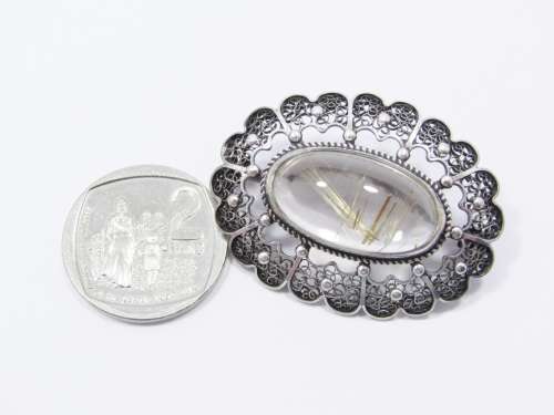 Amazing Large Filigree Brooch With a Rutile Quartz Stone in Sterling Silver