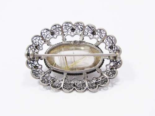 Amazing Large Filigree Brooch With a Rutile Quartz Stone in Sterling Silver
