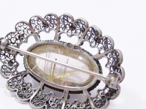 Amazing Large Filigree Brooch With a Rutile Quartz Stone in Sterling Silver