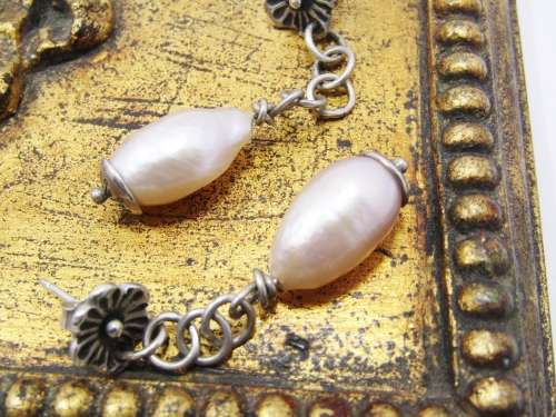 Amazing Freshwater Pearl Drop Earrings With a Flower Detail in Sterling Silver