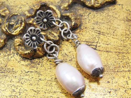 Amazing Freshwater Pearl Drop Earrings With a Flower Detail in Sterling Silver