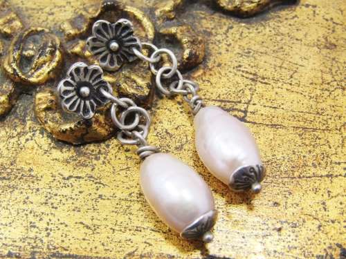 Amazing Freshwater Pearl Drop Earrings With a Flower Detail in Sterling Silver