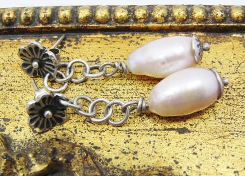 Amazing Freshwater Pearl Drop Earrings With a Flower Detail in Sterling Silver