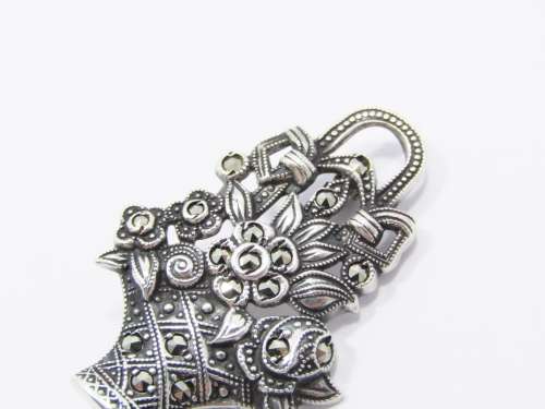 Vintage Marcasite Basket Brooch With Flowers in Sterling Silver