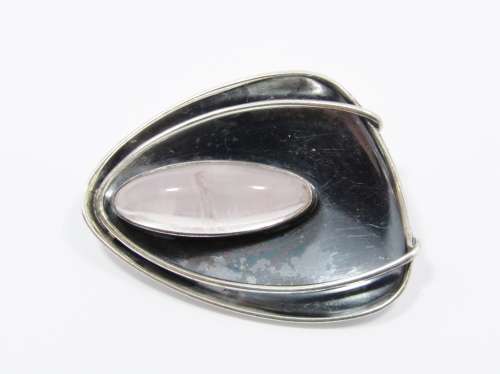 Vintage Modernist Design Rose Quartz Brooch in Sterling Silver