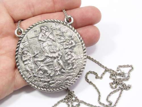 Vintage Dutch Silver-Plated Large Medallion Necklace