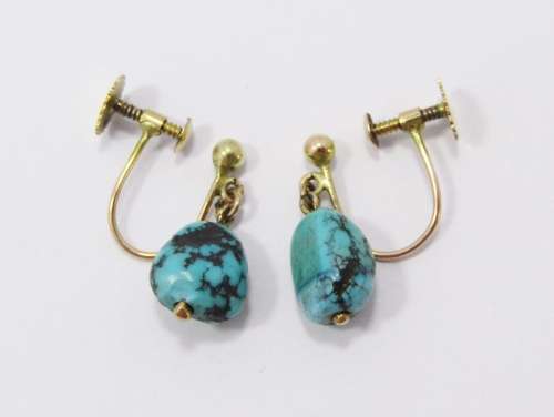 Antique Screw Back Turquoise Dangling Earrings in 9ct Gold