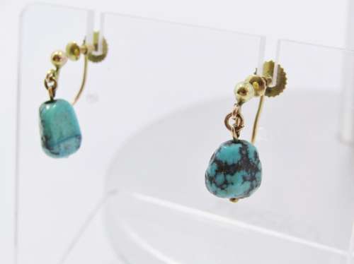 Antique Screw Back Turquoise Dangling Earrings in 9ct Gold