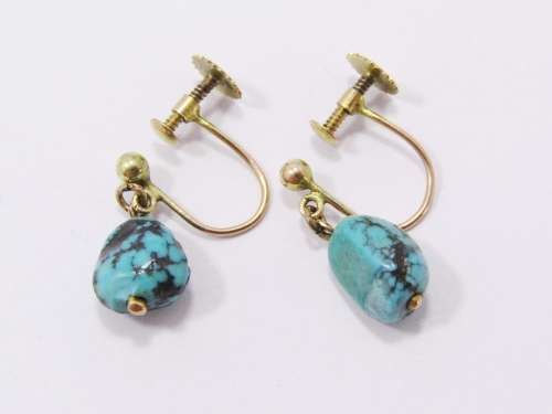 Antique Screw Back Turquoise Dangling Earrings in 9ct Gold