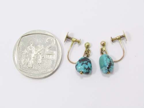 Antique Screw Back Turquoise Dangling Earrings in 9ct Gold