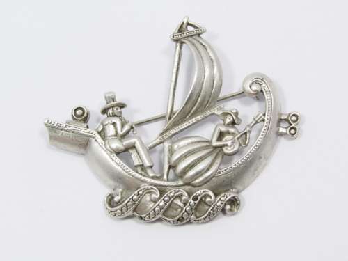 A Beautiful Large Detailed Dutch Design Boat Brooch in Silver