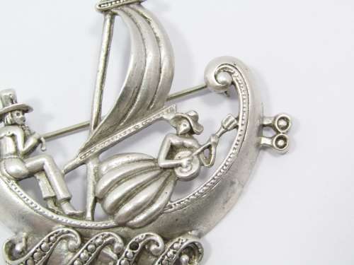 A Beautiful Large Detailed Dutch Design Boat Brooch in Silver