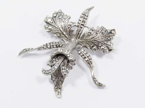 A Lovely Vintage Marcasite Orchid Brooch in Sterling Silver.