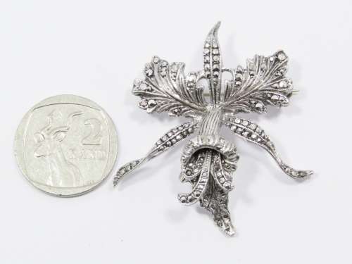 A Lovely Vintage Marcasite Orchid Brooch in Sterling Silver.