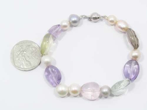 A Gorgeous Fresh Water Pearl and Multi Color Quartz Bracelet With a Sterling Silver Clasp