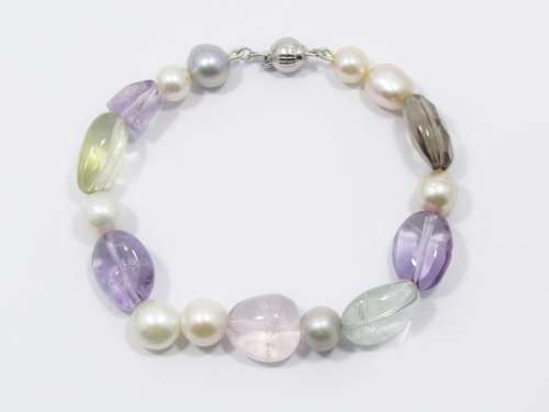 A Gorgeous Fresh Water Pearl and Multi Color Quartz Bracelet With a Sterling Silver Clasp