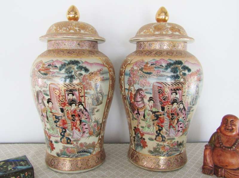 Huge Pair of Decorative Oriental Satsuma-Style Ginger Jars
