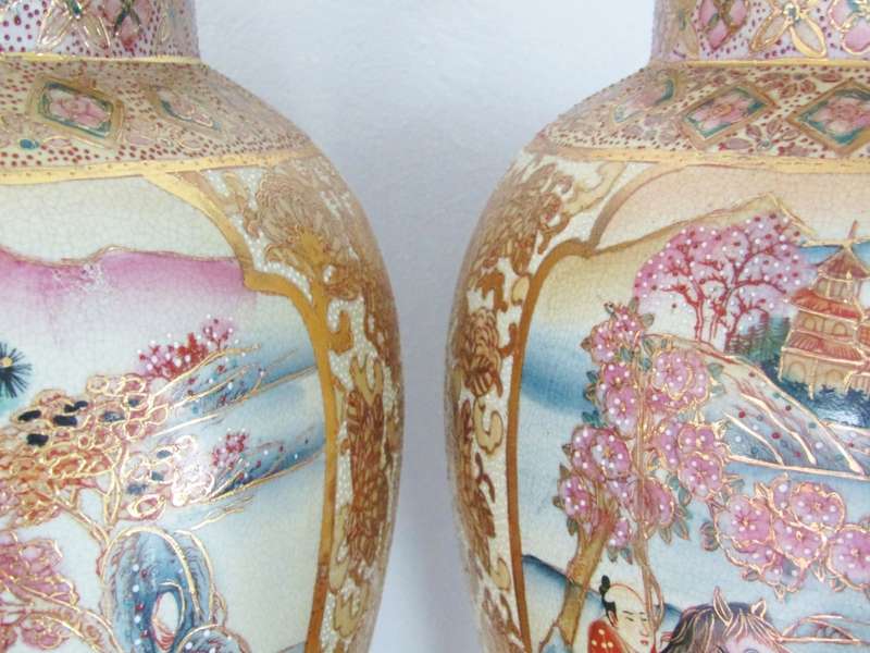 Huge Pair of Decorative Oriental Satsuma-Style Ginger Jars