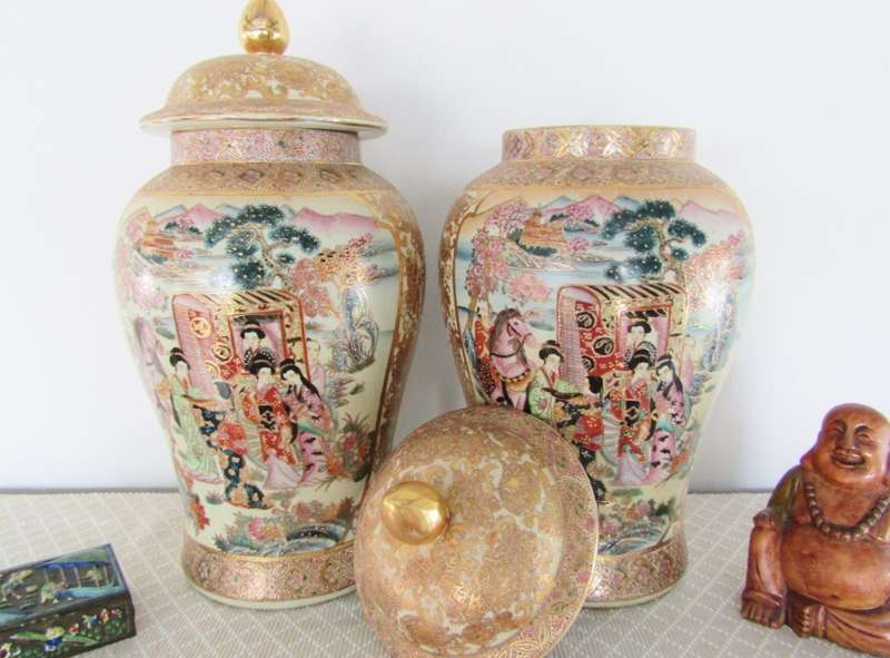 Huge Pair of Decorative Oriental Satsuma-Style Ginger Jars