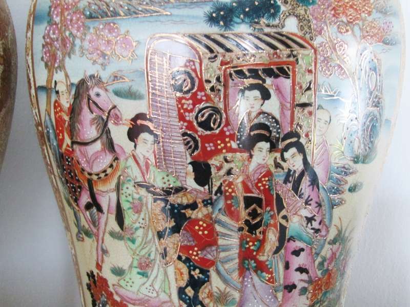 Huge Pair of Decorative Oriental Satsuma-Style Ginger Jars