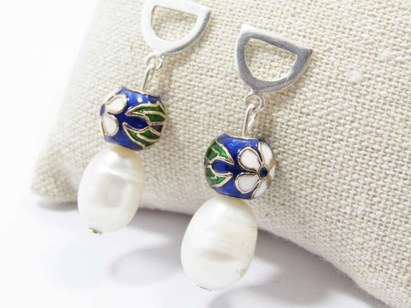 A Gorgeous Pair of Large Fresh Water pearls and Cloisonné Ball Earrings in Sterling Silver.