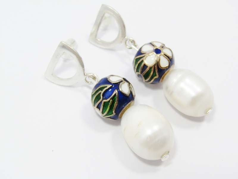A Gorgeous Pair of Large Fresh Water pearls and Cloisonné Ball Earrings in Sterling Silver.