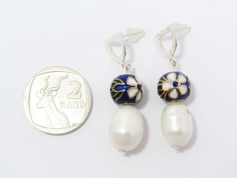 A Gorgeous Pair of Large Fresh Water pearls and Cloisonné Ball Earrings in Sterling Silver.