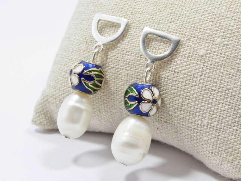 A Gorgeous Pair of Large Fresh Water pearls and Cloisonné Ball Earrings in Sterling Silver.